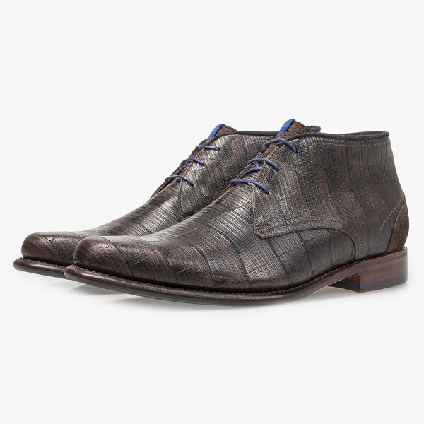 Dark brown calf leather lace boot with print