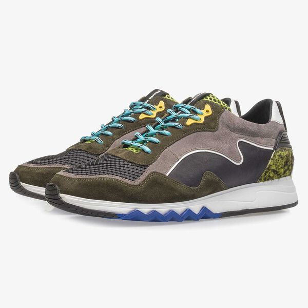 Green and yellow suede sneaker