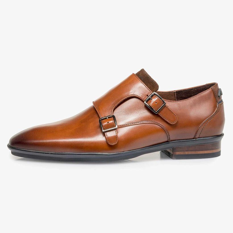 Cognac-coloured calf leather double buckle monk strap