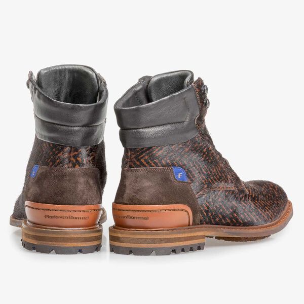 Cognacfarbener Premium Ponyfell-Schn&uuml;rstiefel mit Print