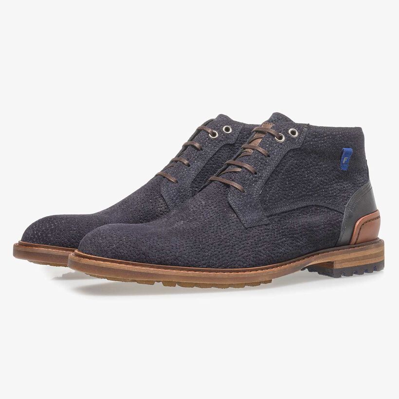 Dunkelblauer Wildleder-Schn&uuml;rstiefel mit Print
