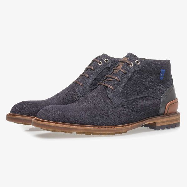 Dunkelblauer Wildleder-Schn&uuml;rstiefel mit Print