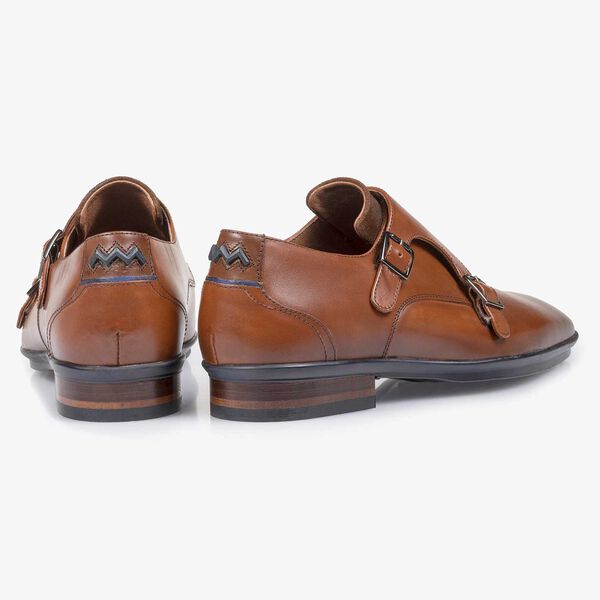 Cognac-coloured calf leather double buckle monk strap