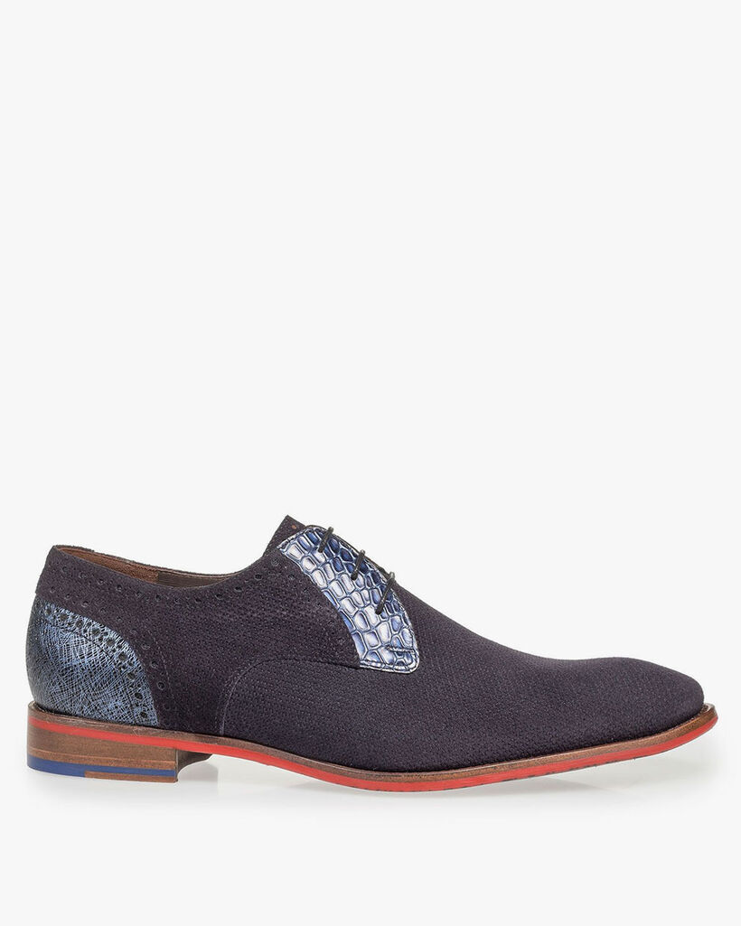 Blauer gemusterter Wildleder-Schn&uuml;rschuh