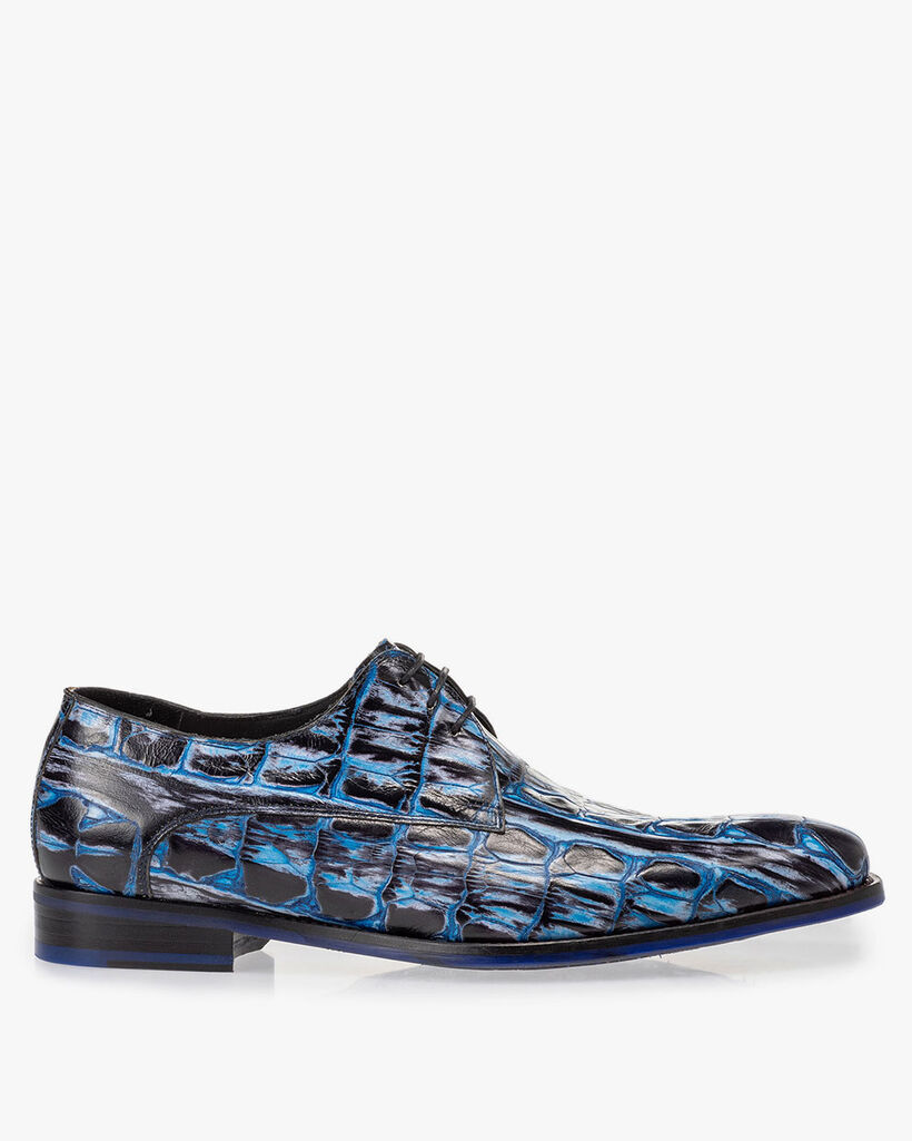 Schn&uuml;rschuh Krokoprint blau