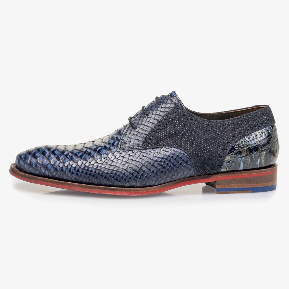Blauer Leder-Schn&uuml;rschuh mit Schlangenprint
