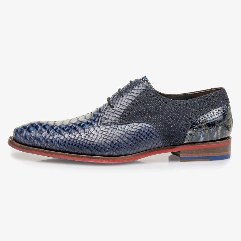 Blauer Leder-Schn&uuml;rschuh mit Schlangenprint