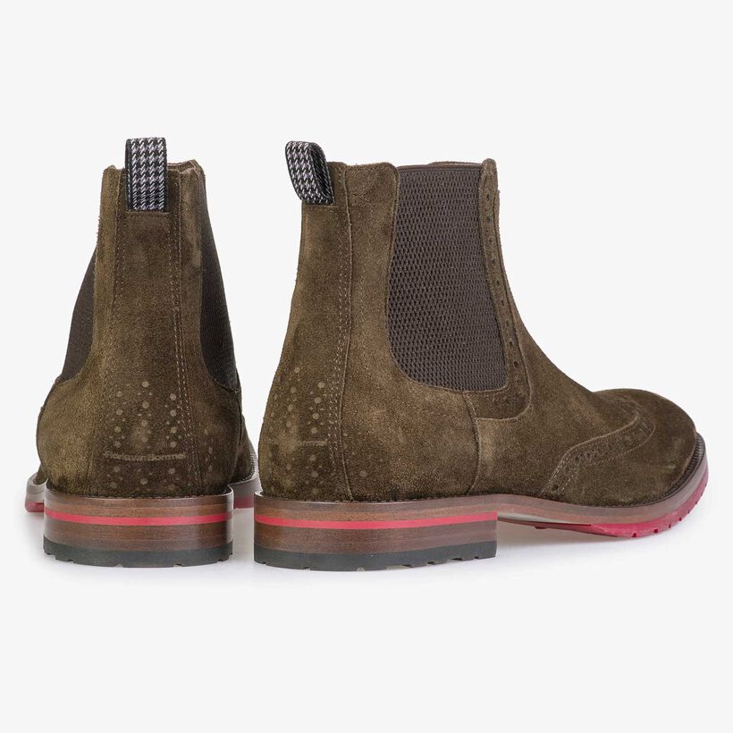 Braun/olivgr&uuml;ner Chelsea Boot aus Kalbswildleder