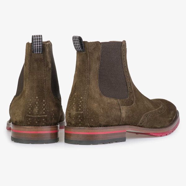 Braun/olivgr&uuml;ner Chelsea Boot aus Kalbswildleder