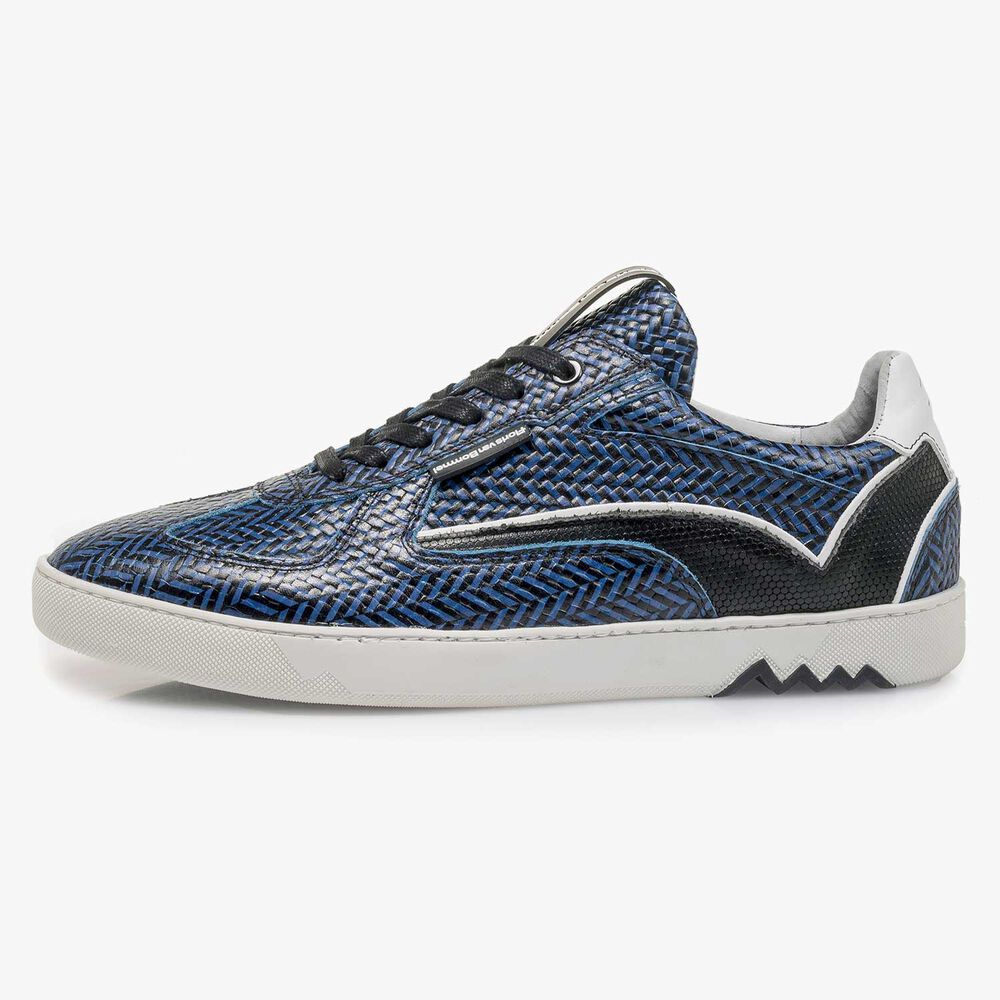 Blauer Leder-Sneaker mit Fischgr&auml;tmotiv