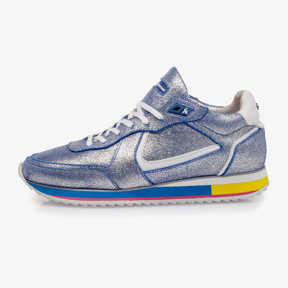 Silber Metallic Leder-Sneaker mit blauem changierendem Effekt