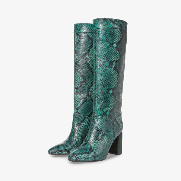 Hoher gr&uuml;ner Stiefel mit Schlangenprint