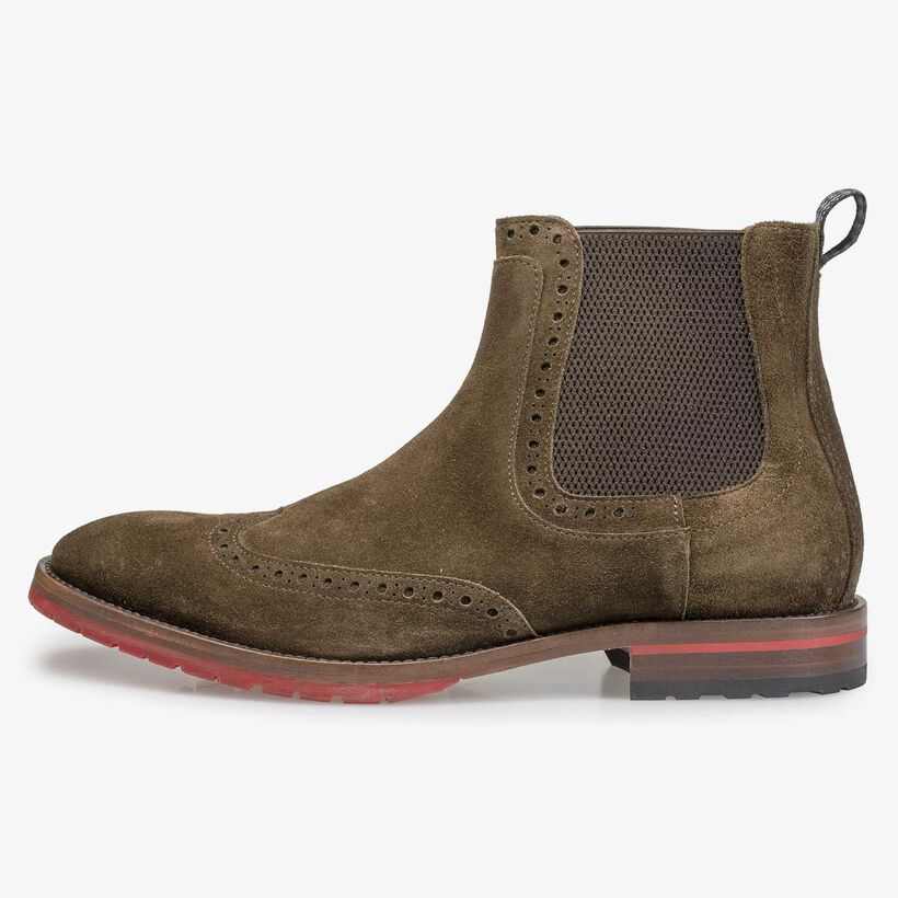 Braun/olivgr&uuml;ner Chelsea Boot aus Kalbswildleder