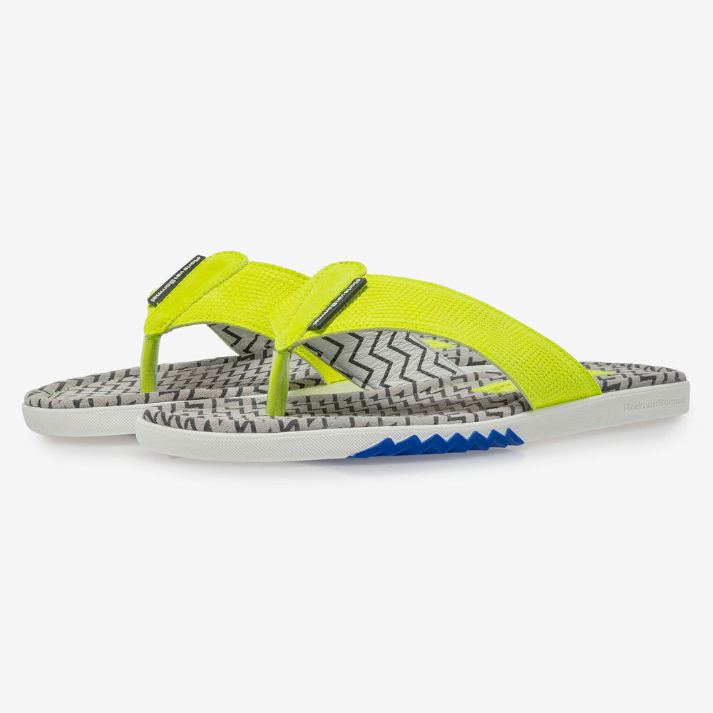 Gelber Wildleder Zehentrenner-Slipper mit Print
