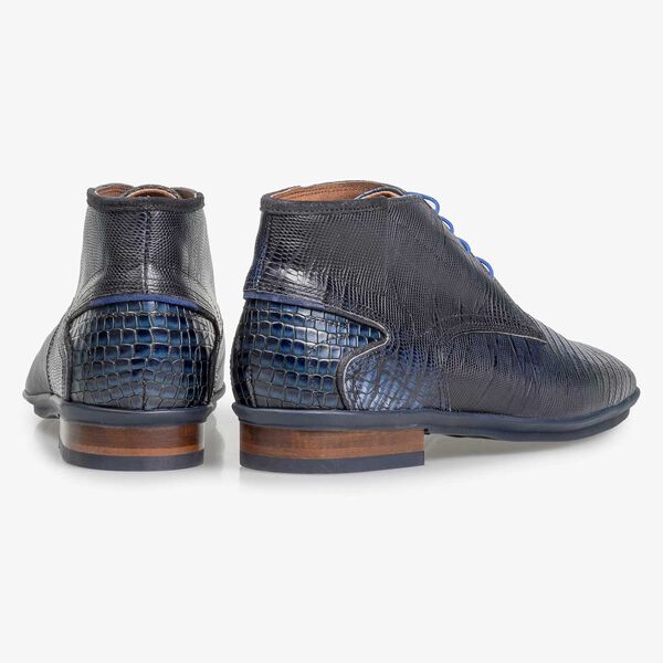 Blauer Kalbsleder-Schn&uuml;rschuh mit Eidechsenprint