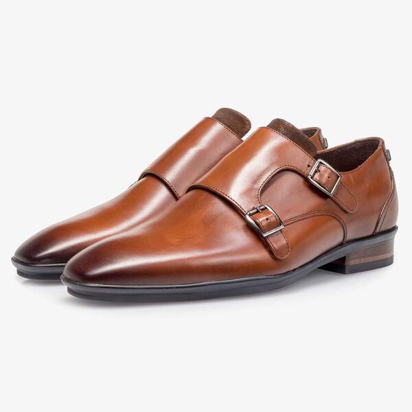 Cognac-coloured calf leather double buckle monk strap