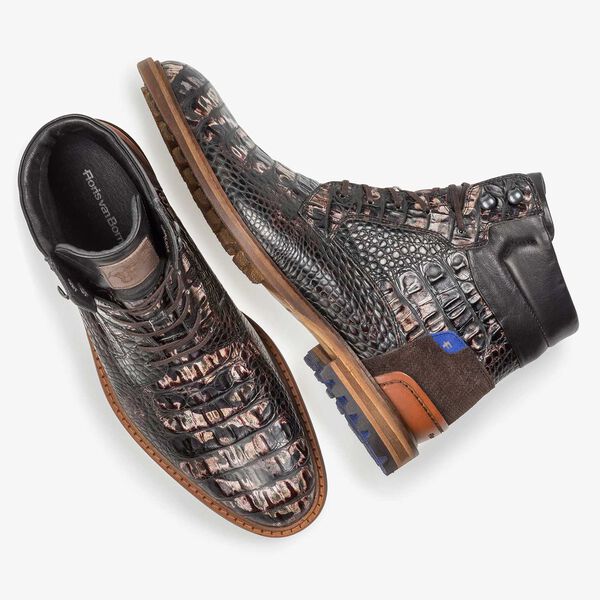 Dunkelbrauner Leder-Schn&uuml;rstiefel mit Krokoprint