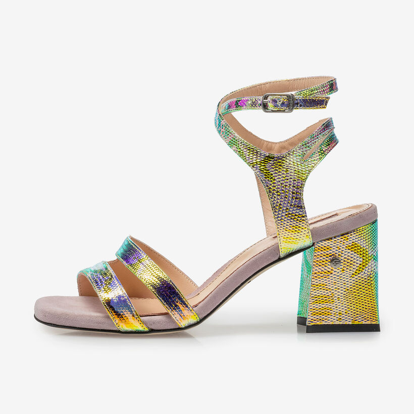 Leder-Sandalette mit gr&uuml;n-goldenem Metallic-Print