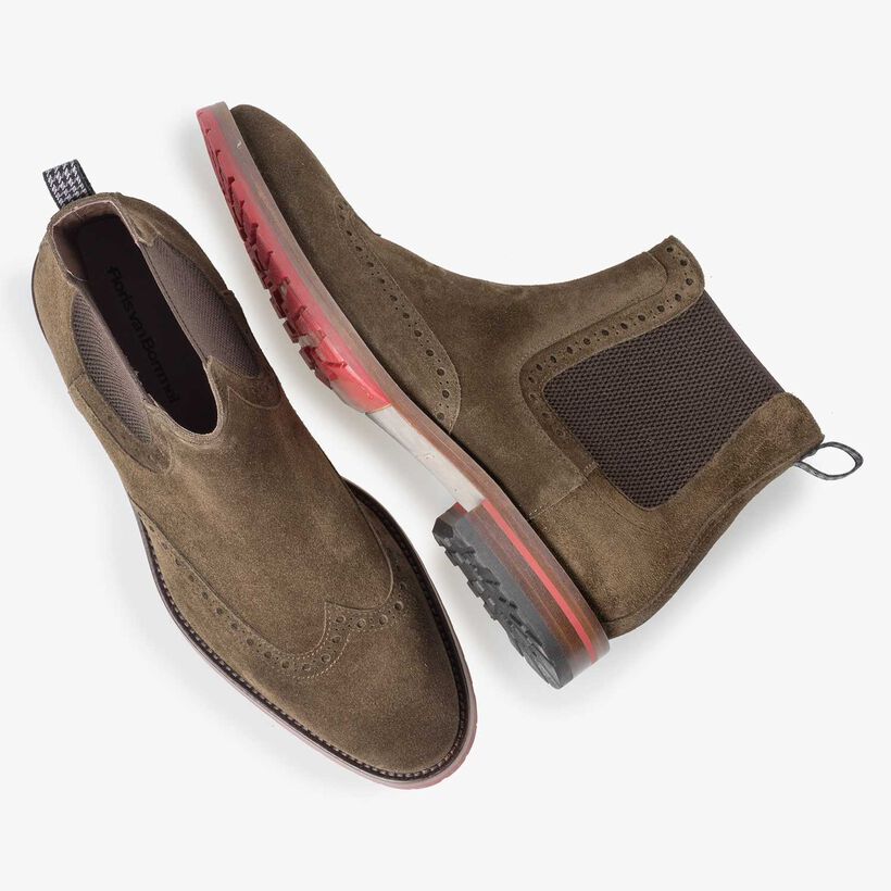 Braun/olivgr&uuml;ner Chelsea Boot aus Kalbswildleder