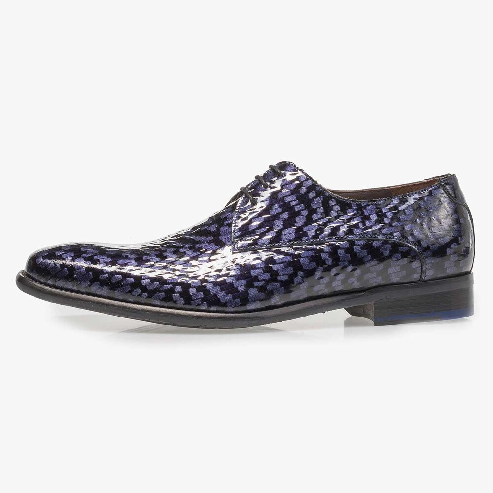 Premium blue printed patent leather lace shoe