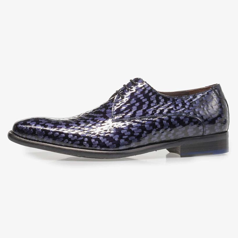 Premium blue printed patent leather lace shoe