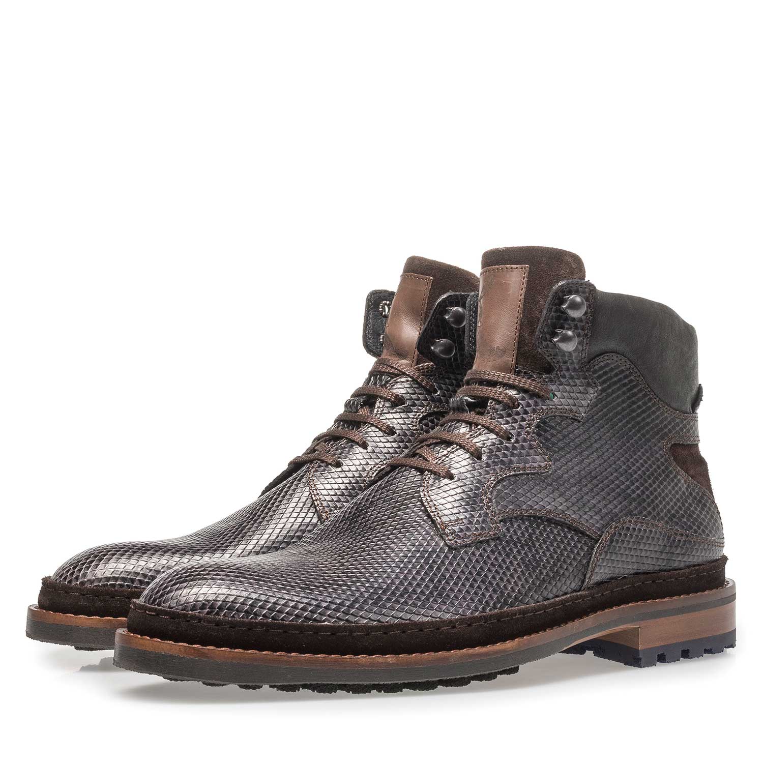 10503/04 - Dunkelgrauer Leder-Schnürstiefel mit Schlangenprint 10503/04 - Dunkelgrauer Leder-Schnürstiefel mit Schlangenprint