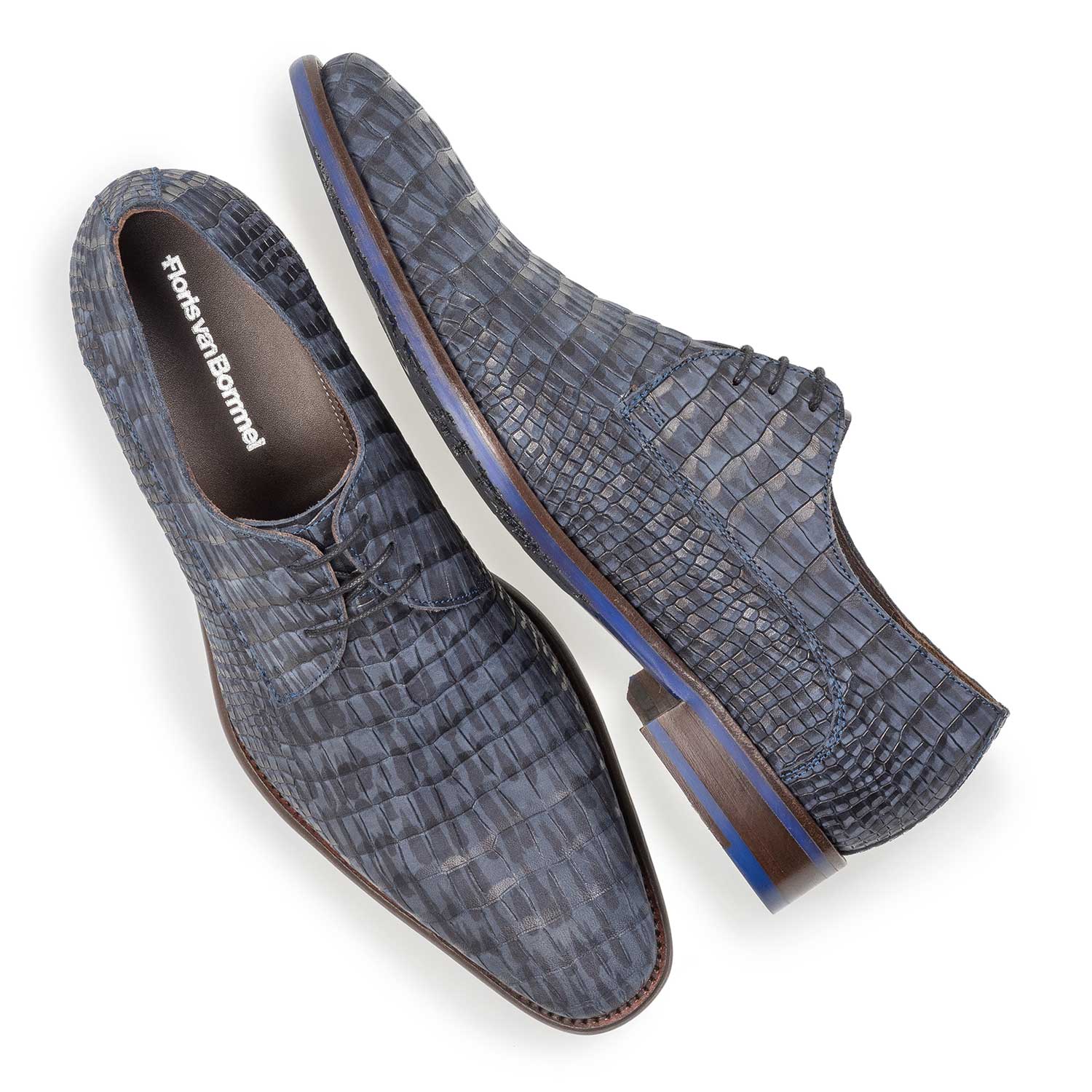18159/11 - Blauer Nubukleder-Schnürschuh mit Krokoprint 18159/11 - Blauer Nubukleder-Schnürschuh mit Krokoprint
