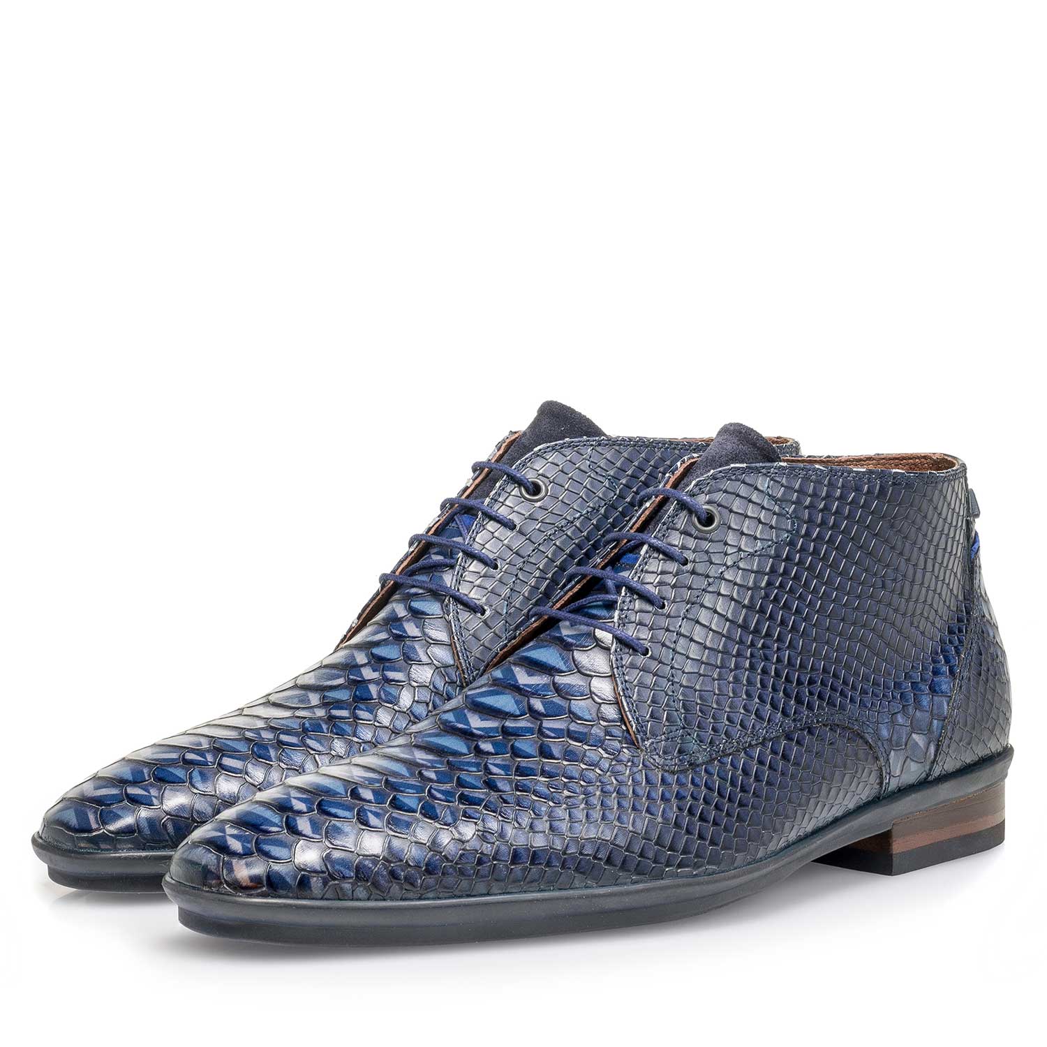 10475/02 - Blauer Kalbsleder-Schnürschuh mit Schlangenprint 10475/02 - Blauer Kalbsleder-Schnürschuh mit Schlangenprint