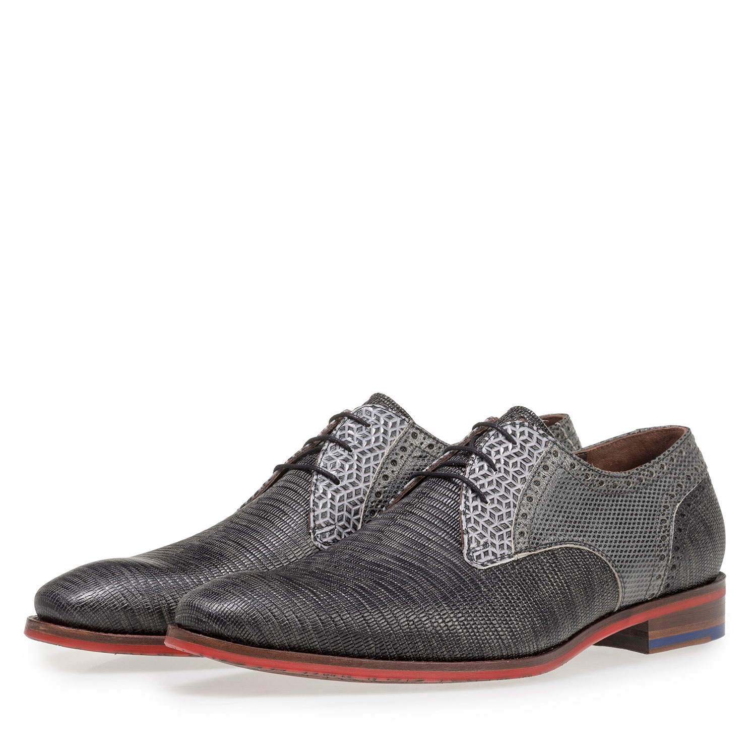18107/06 - Grauer Leder-Schnürschuh mit Eidechsenprint 18107/06 - Grauer Leder-Schnürschuh mit Eidechsenprint