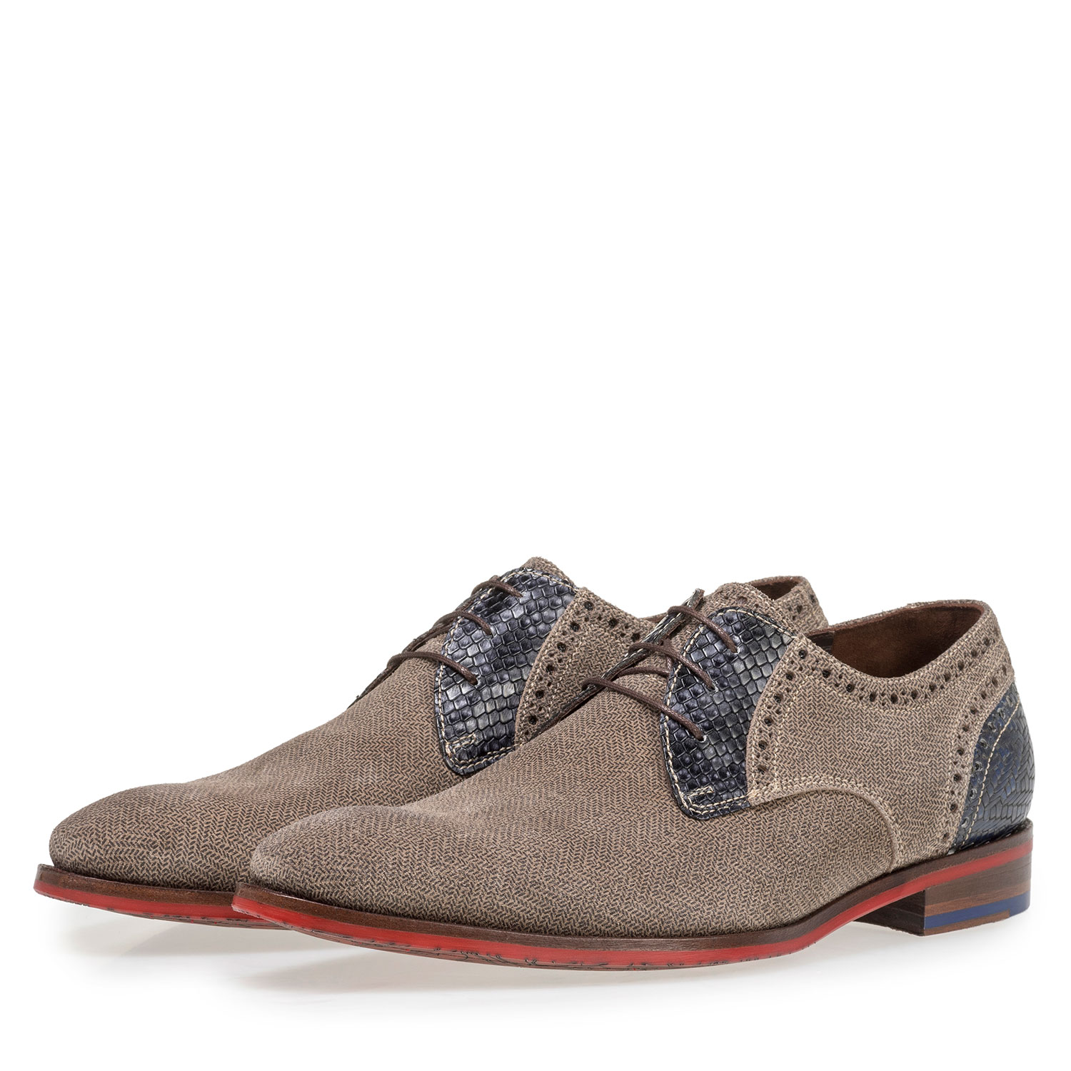 18107/02 - Beige suede leather lace shoe with blue print 18107/02 - Beige suede leather lace shoe with blue print
