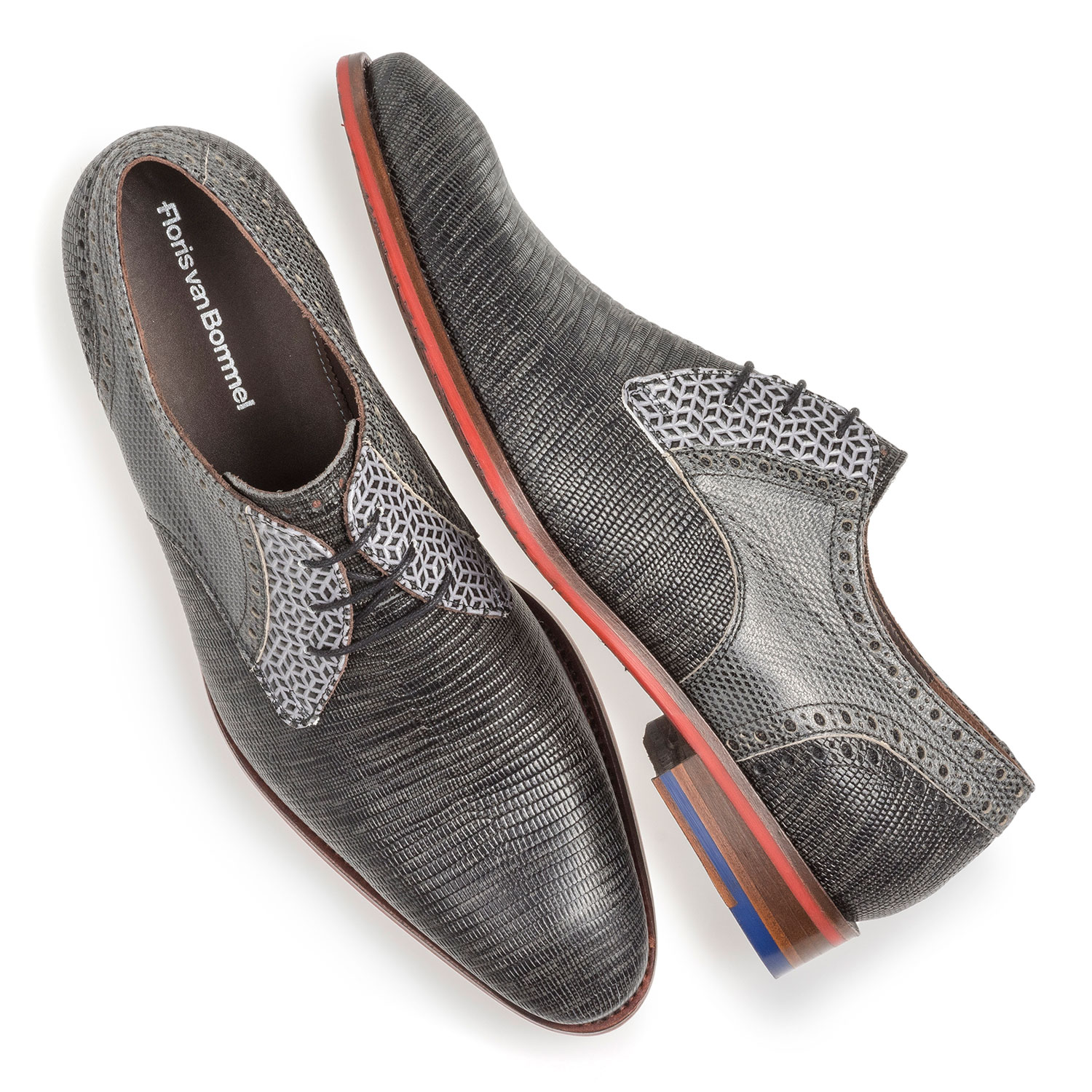 18107/06 - Grauer Leder-Schnürschuh mit Eidechsenprint 18107/06 - Grauer Leder-Schnürschuh mit Eidechsenprint