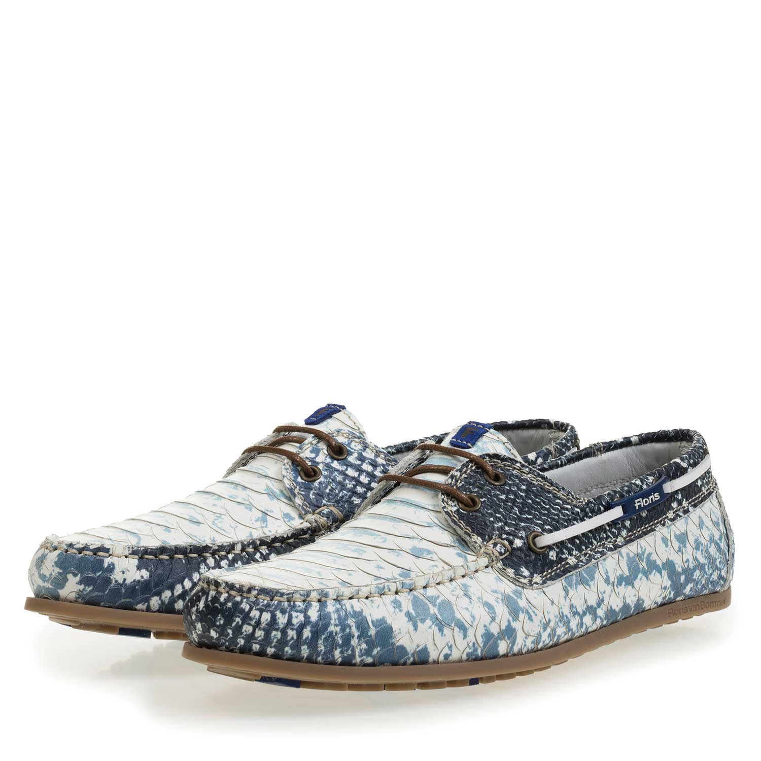 15035/06 - Dunkelblauer Leder Bootsschuh mit Schlangenprint 15035/06 - Dunkelblauer Leder Bootsschuh mit Schlangenprint