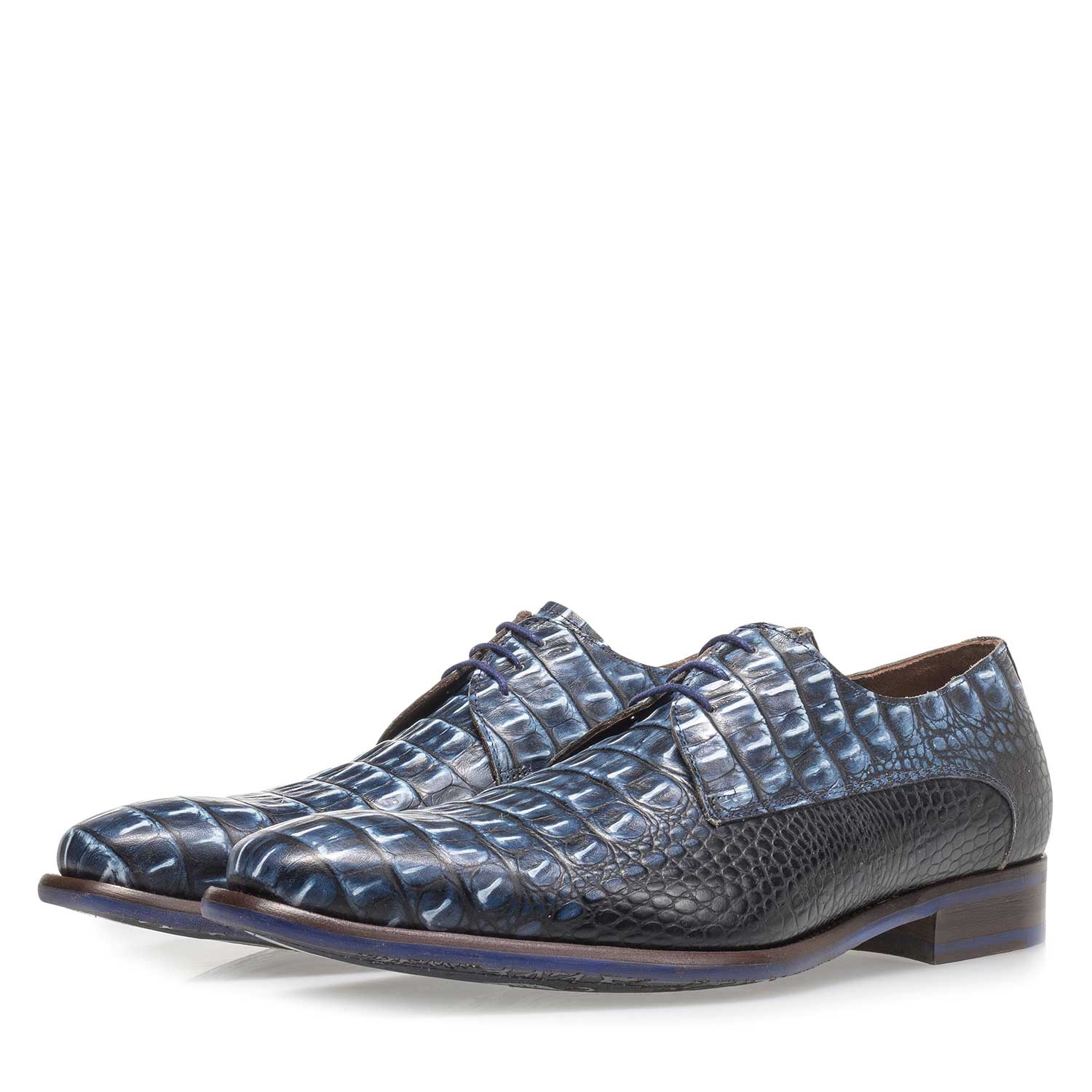 18159/06 - Blauer Leder-Schnürschuh mit Krokoprint 18159/06 - Blauer Leder-Schnürschuh mit Krokoprint