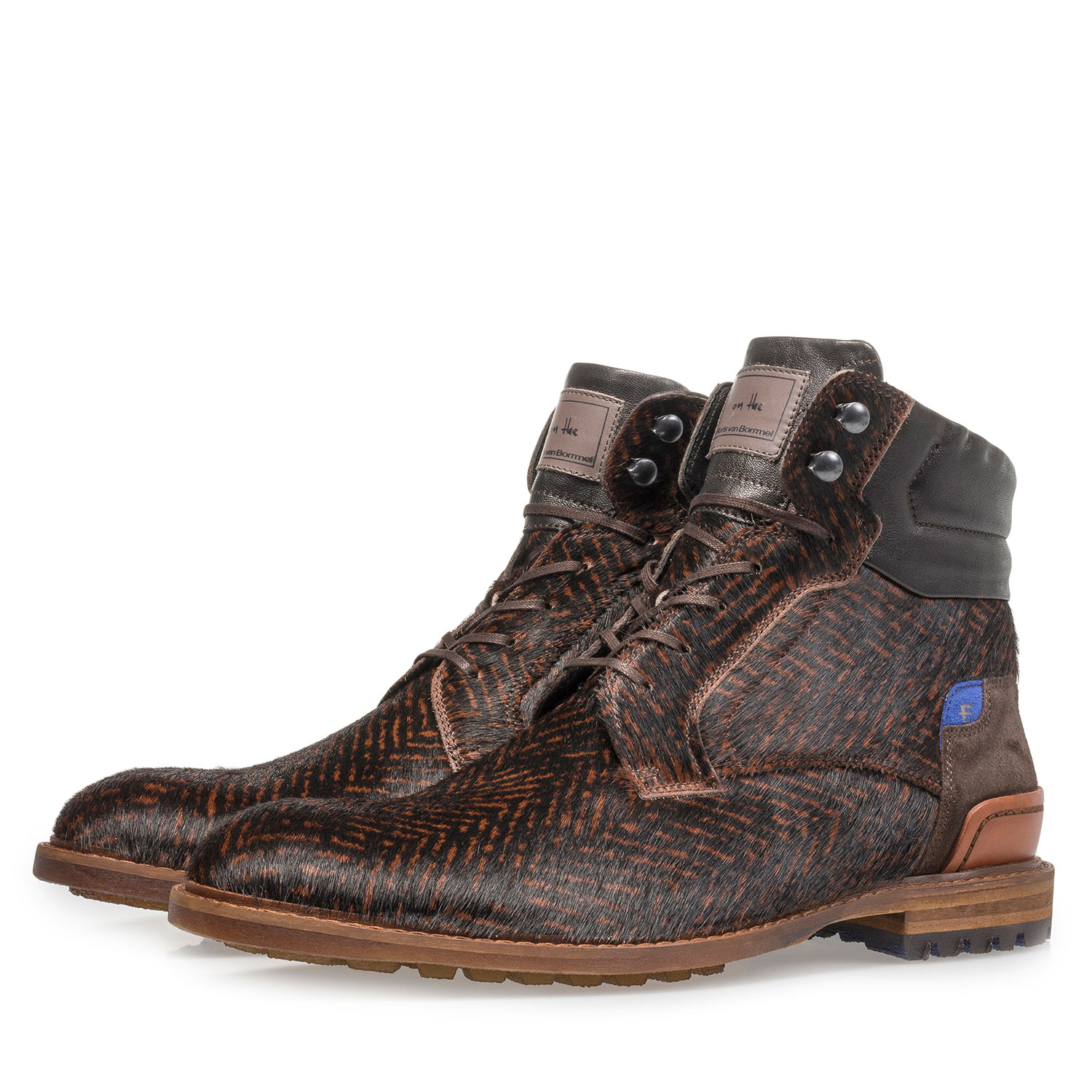 10641/01 - Cognacfarbener Premium Ponyfell-Schnürstiefel mit Print 10641/01 - Cognacfarbener Premium Ponyfell-Schnürstiefel mit Print
