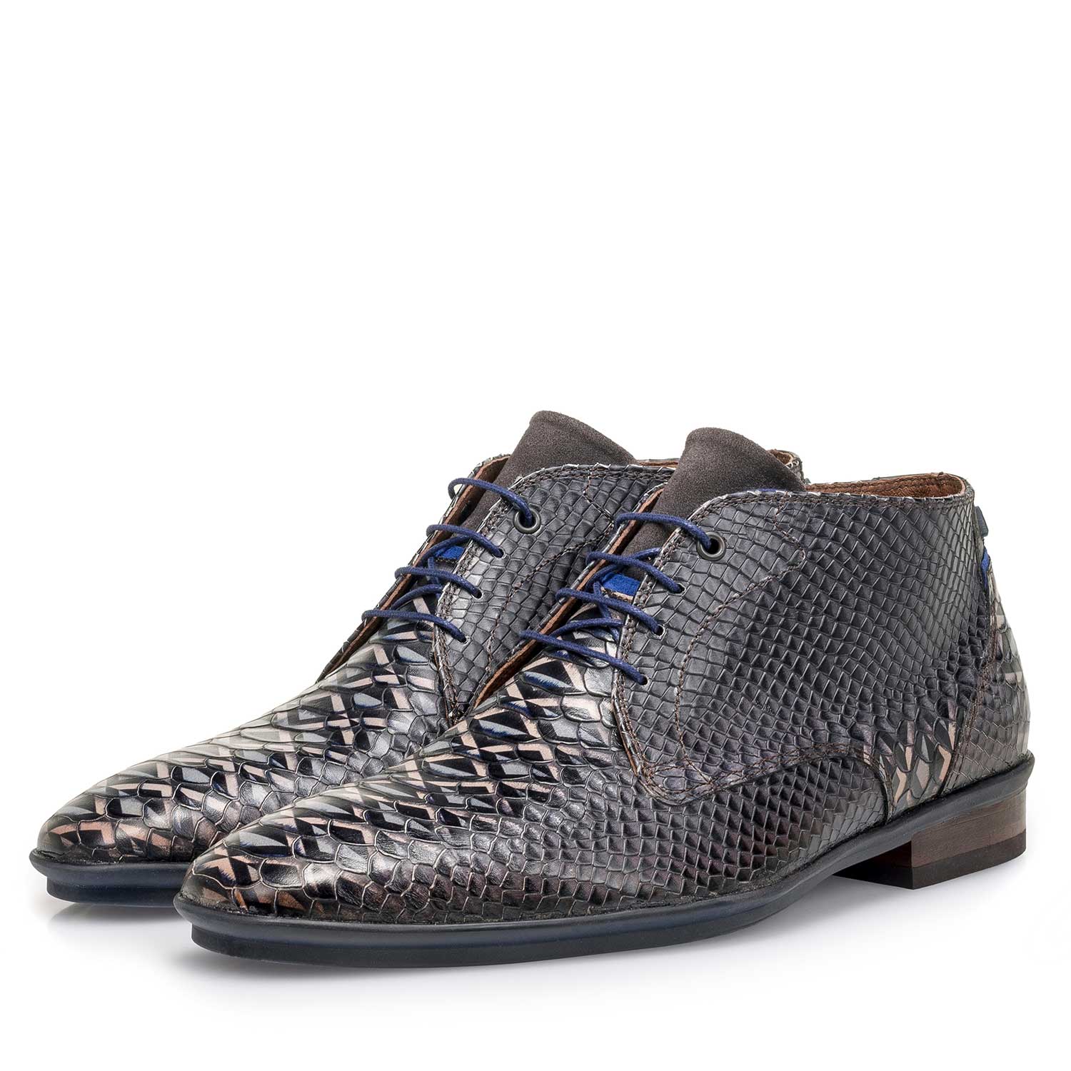 10475/04 - Dunkelgrauer Kalbsleder-Schnürschuh mit Schlangenprint 10475/04 - Dunkelgrauer Kalbsleder-Schnürschuh mit Schlangenprint
