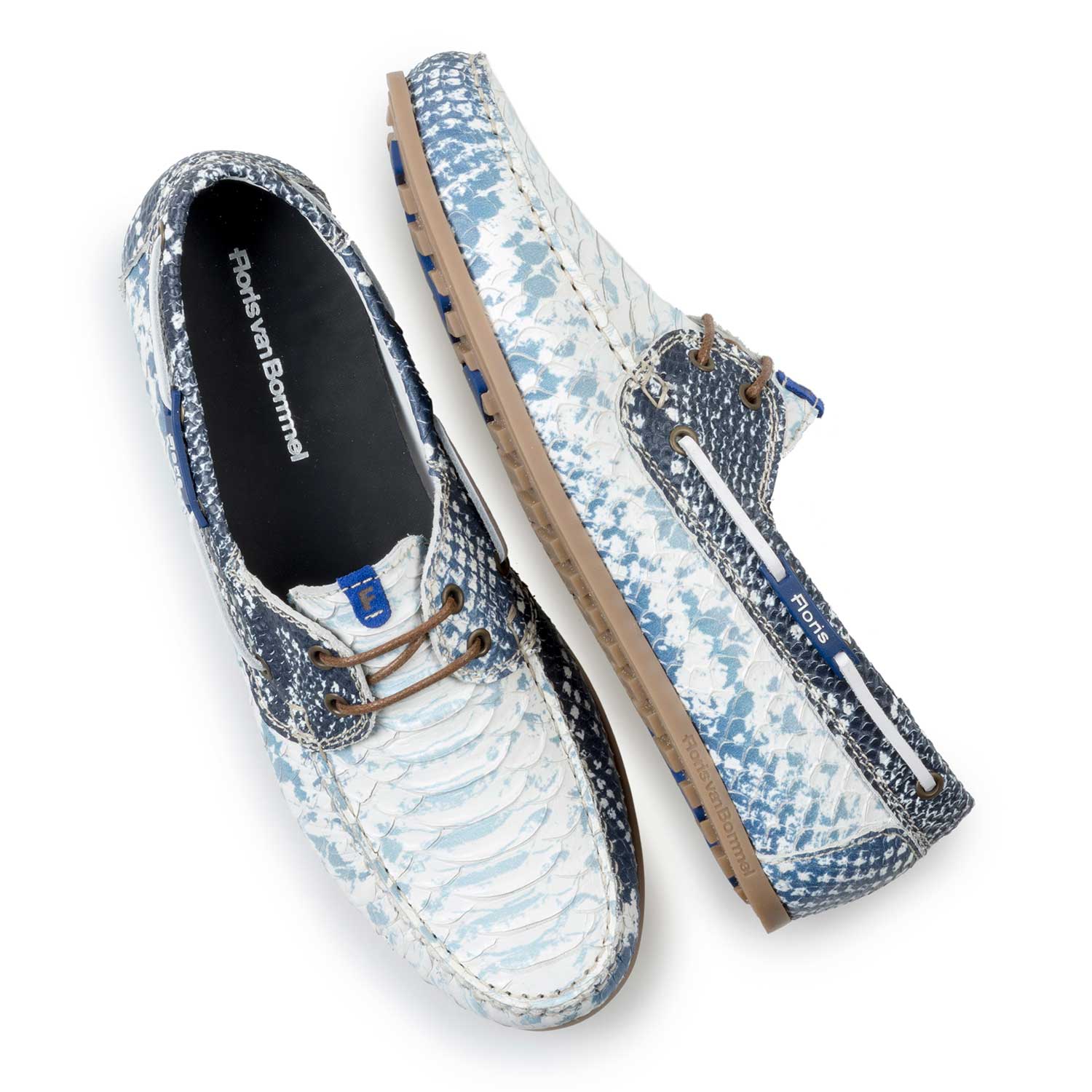 15035/06 - Dunkelblauer Leder Bootsschuh mit Schlangenprint 15035/06 - Dunkelblauer Leder Bootsschuh mit Schlangenprint