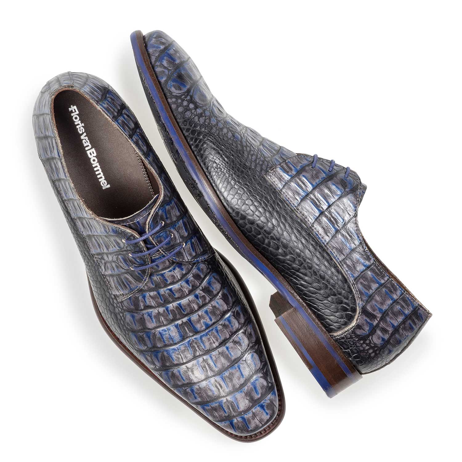 18159/03 - Blauer Leder-Schnürschuh mit Krokoprint 18159/03 - Blauer Leder-Schnürschuh mit Krokoprint