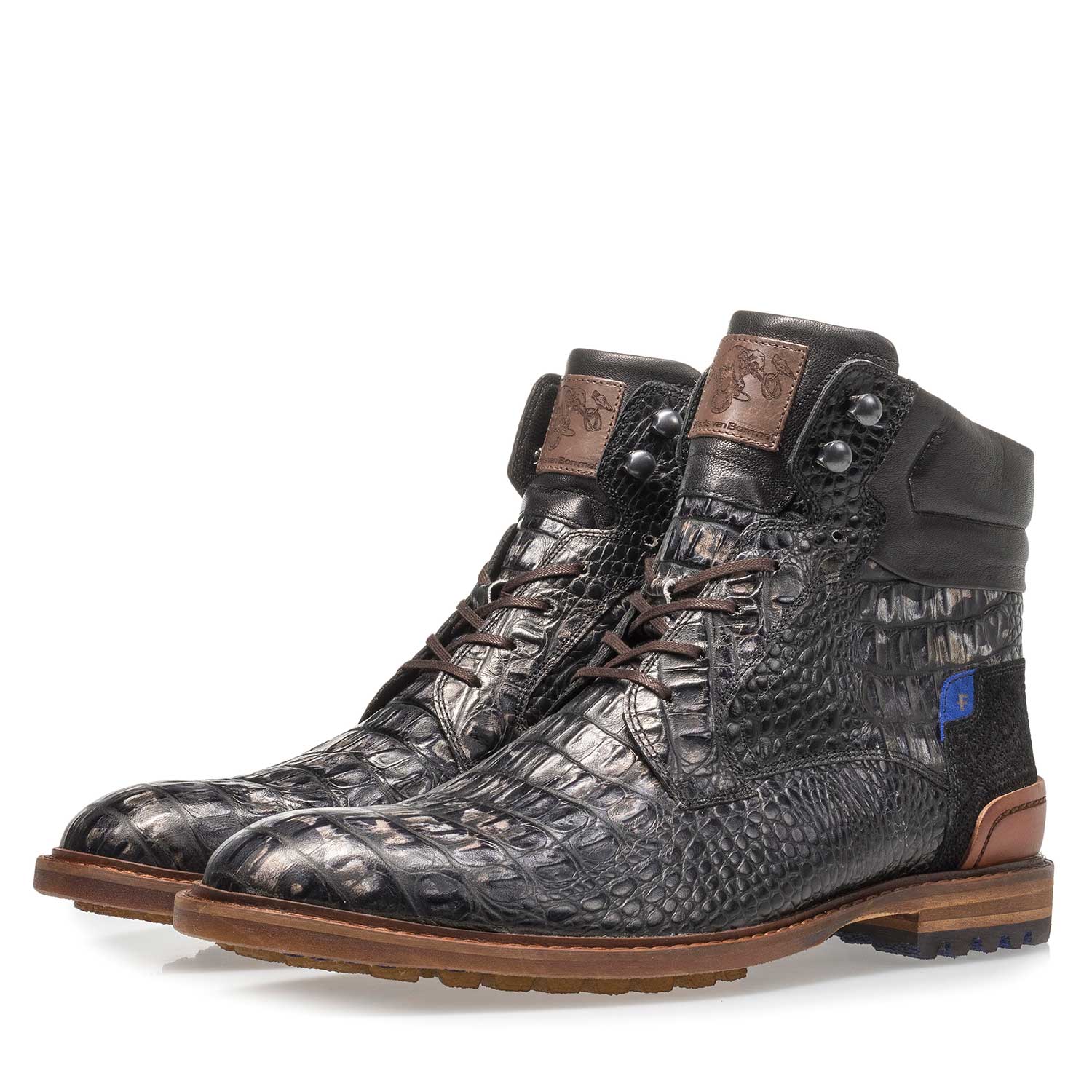 10234/17 - Black leather lace boot with croco print 10234/17 - Black leather lace boot with croco print