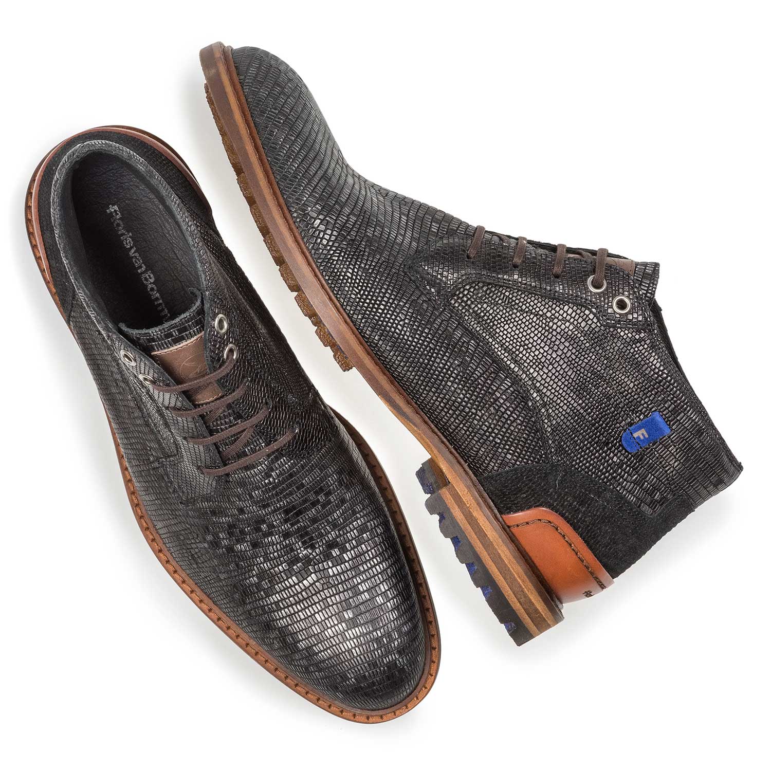 20228/18 - Schwarzer Leder-Schnürstiefel mit Eidechsenprint 20228/18 - Schwarzer Leder-Schnürstiefel mit Eidechsenprint