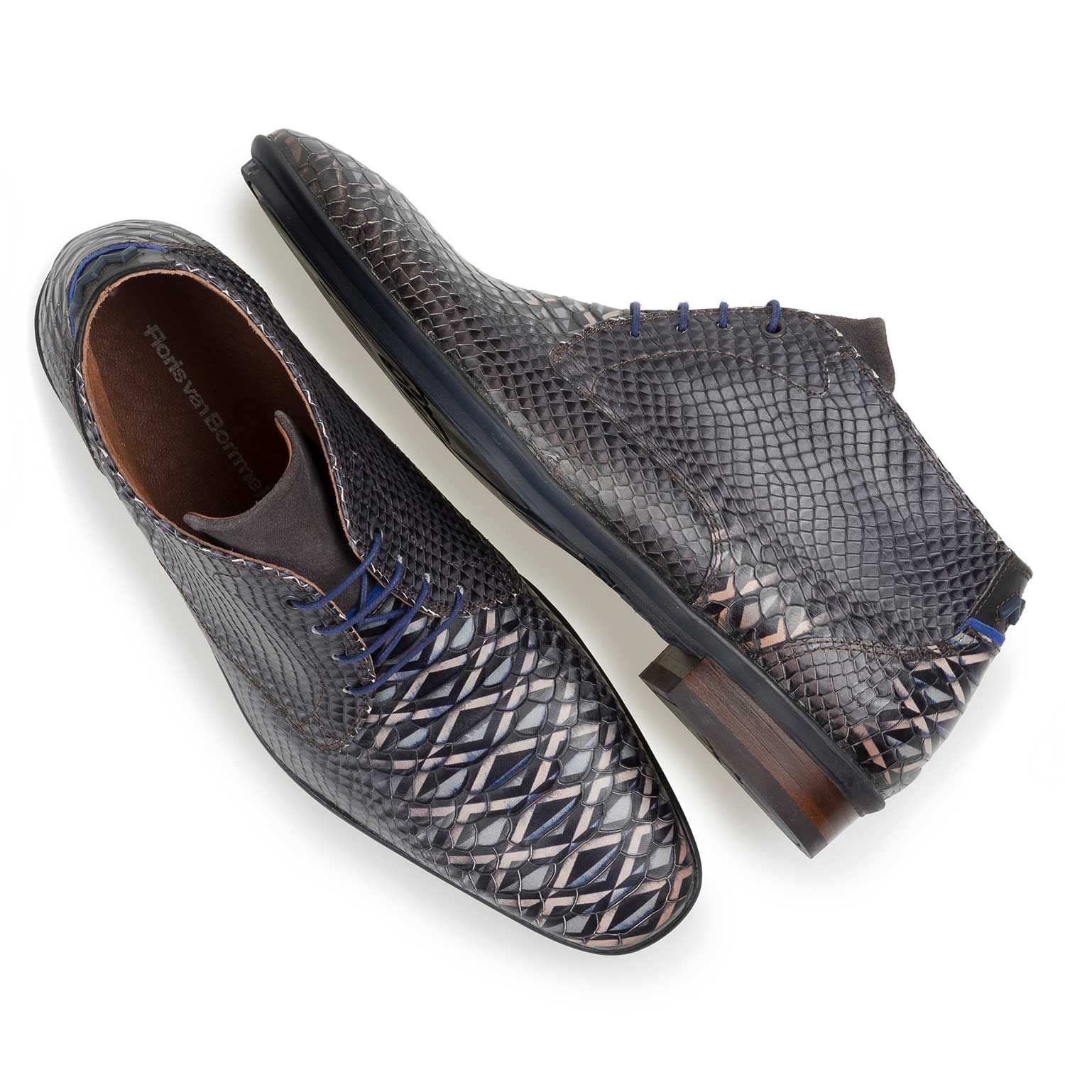 10475/04 - Dunkelgrauer Kalbsleder-Schnürschuh mit Schlangenprint 10475/04 - Dunkelgrauer Kalbsleder-Schnürschuh mit Schlangenprint