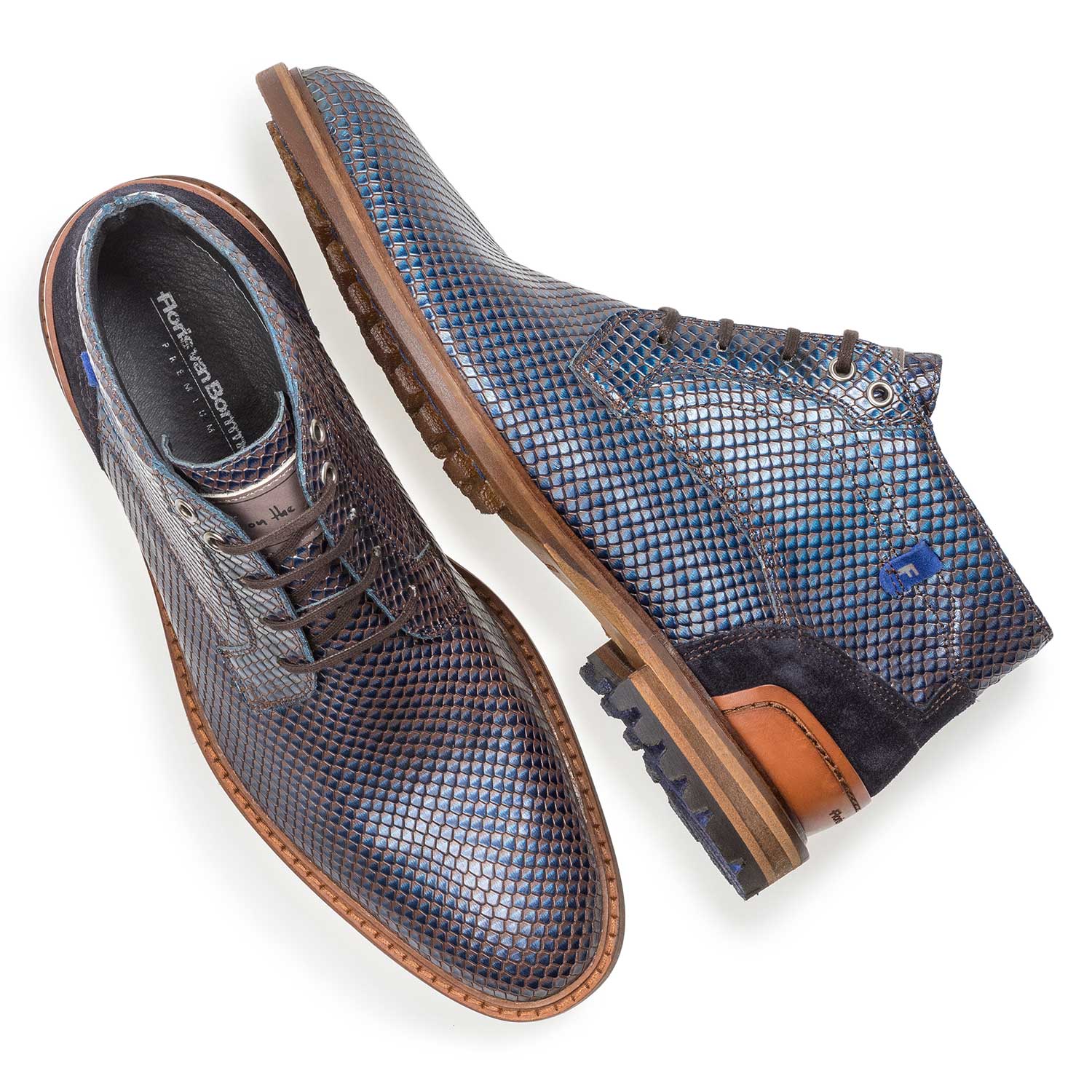 10683/01 - Blauer Premium Metallic-Leder Schnürstiefel mit Print 10683/01 - Blauer Premium Metallic-Leder Schnürstiefel mit Print