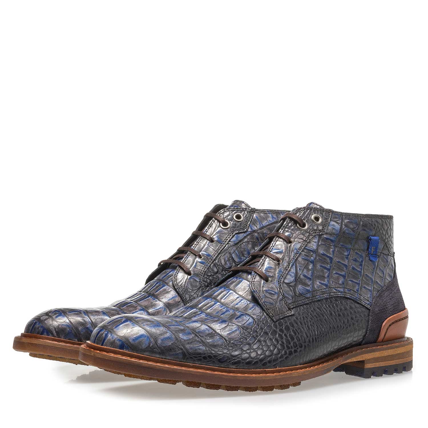 20228/23 - Blauer Leder-Schnürstiefel mit Krokoprint 20228/23 - Blauer Leder-Schnürstiefel mit Krokoprint