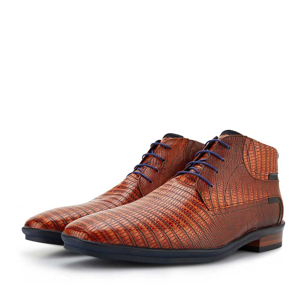 10879/00 - Cognacbraune Herren Leder Schnürstiefel mit Eidechsen Aufdruck 10879/00 - Cognacbraune Herren Leder Schnürstiefel mit Eidechsen Aufdruck