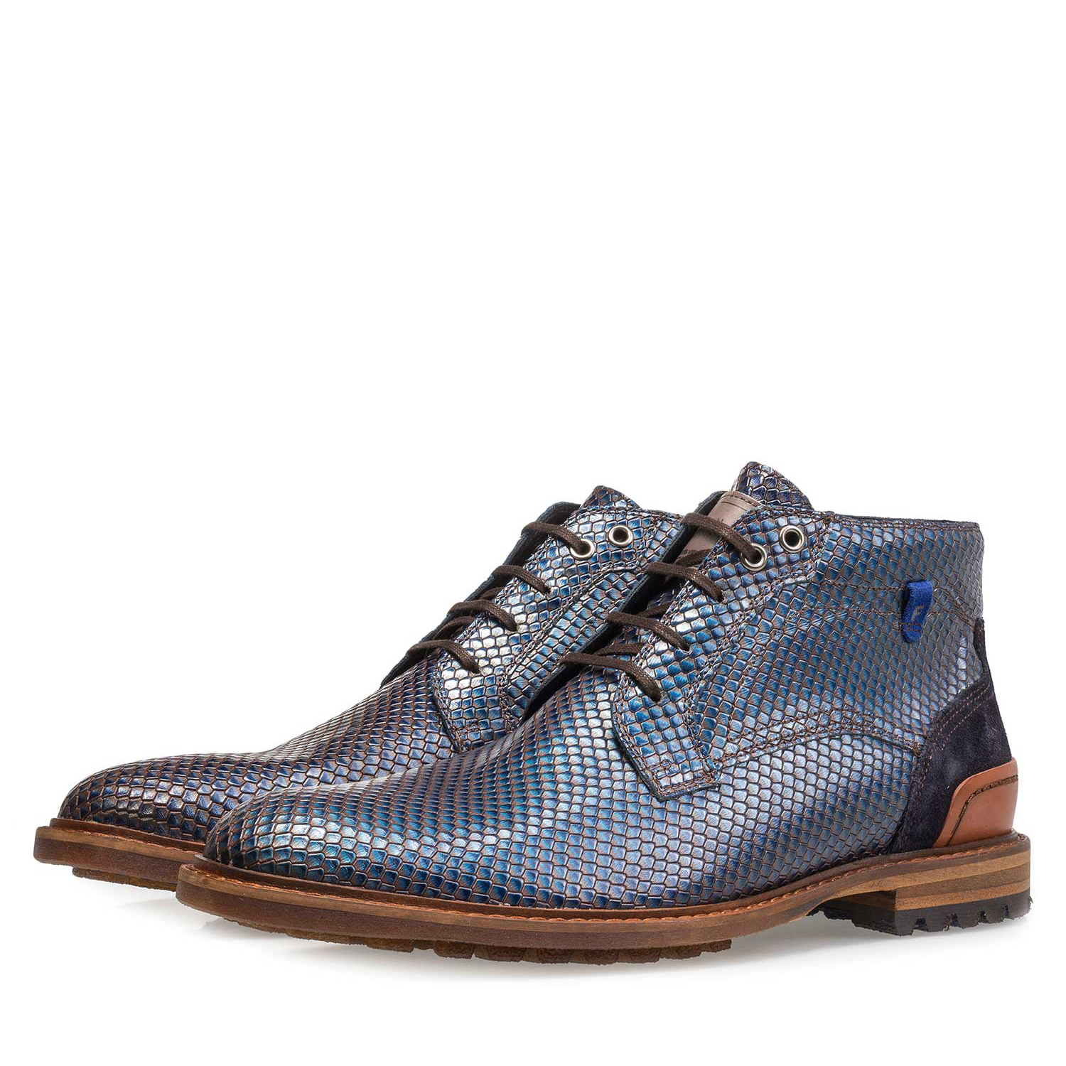 10683/01 - Blauer Premium Metallic-Leder Schnürstiefel mit Print 10683/01 - Blauer Premium Metallic-Leder Schnürstiefel mit Print