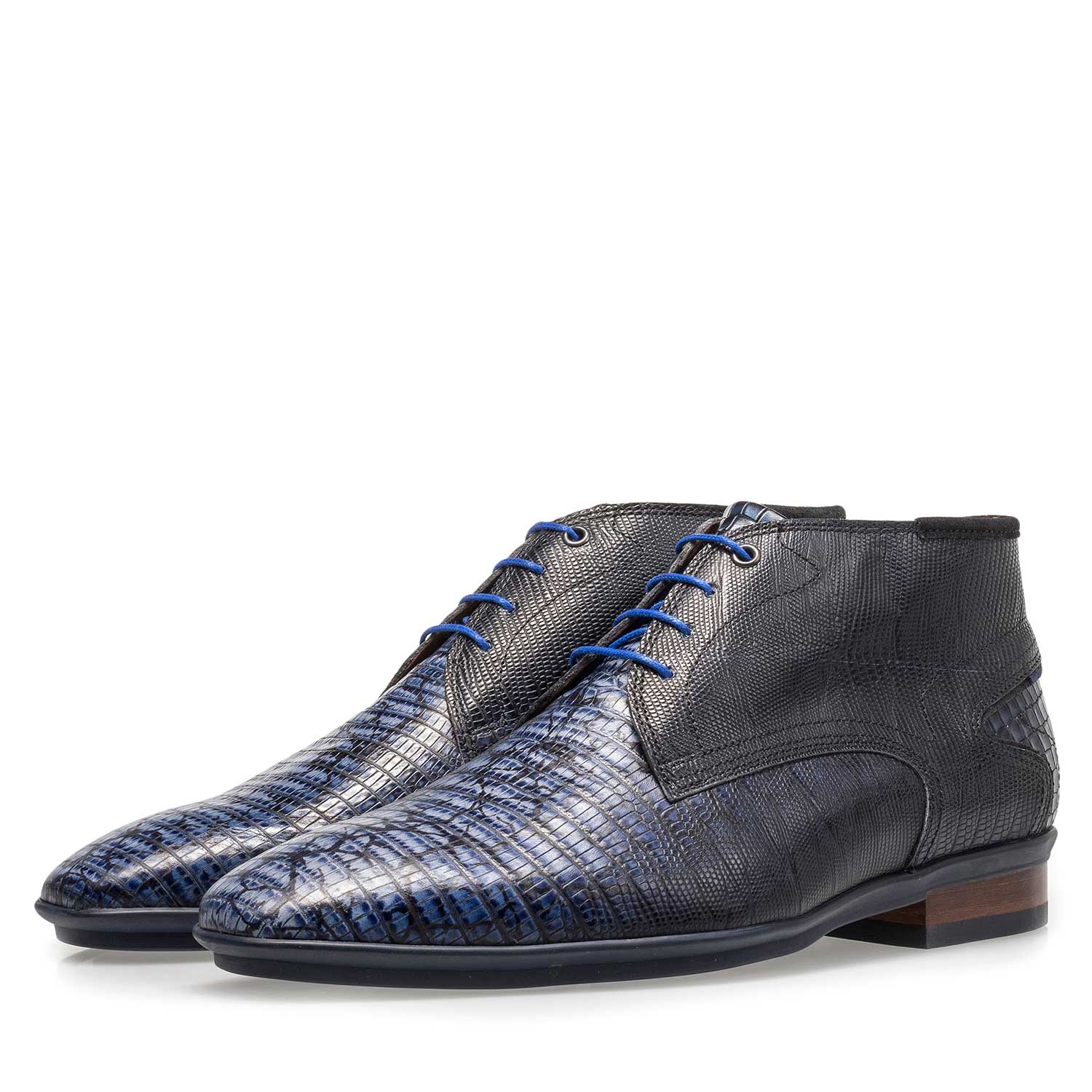10131/12 - Blauer Kalbsleder-Schnürschuh mit Eidechsenprint 10131/12 - Blauer Kalbsleder-Schnürschuh mit Eidechsenprint