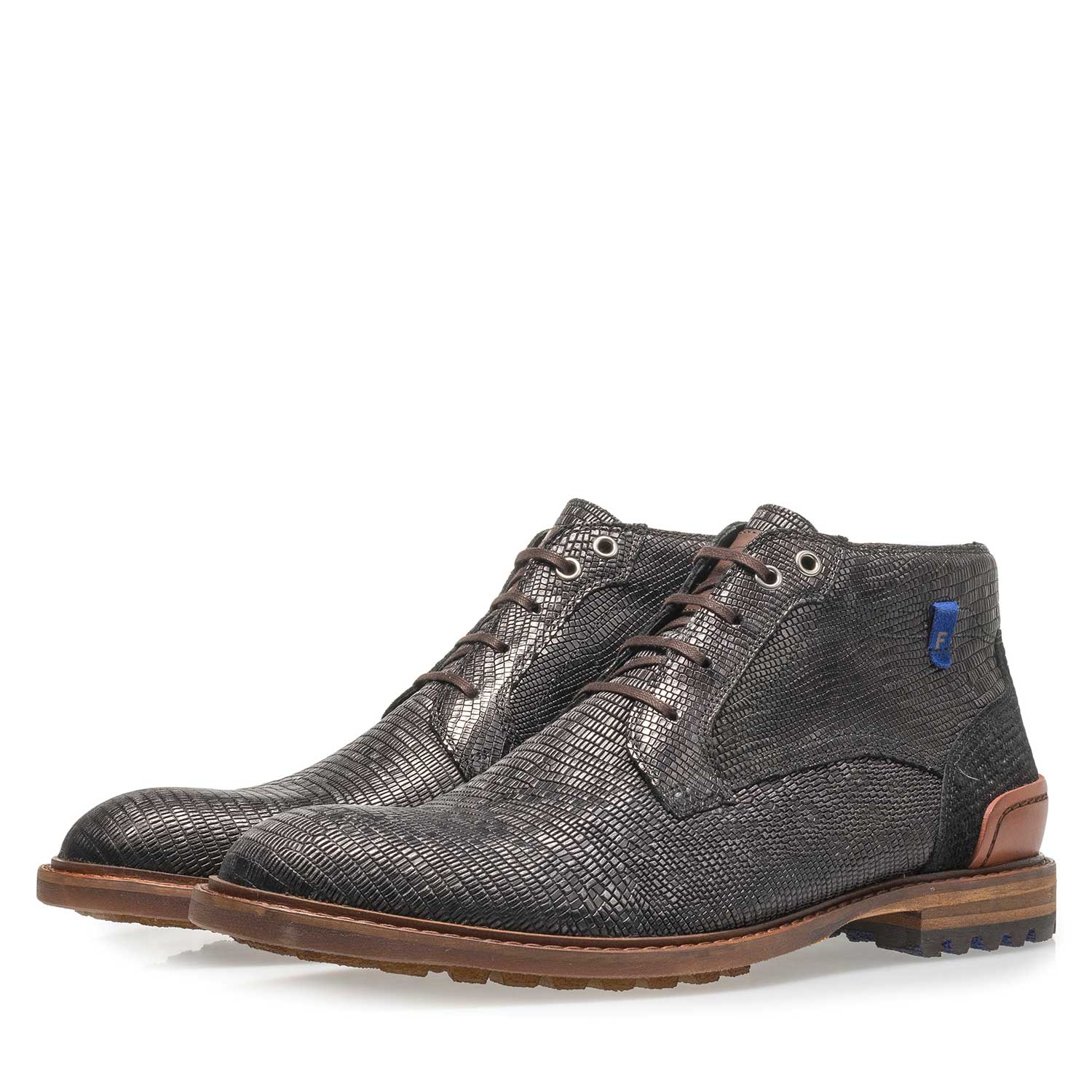 20228/18 - Schwarzer Leder-Schnürstiefel mit Eidechsenprint 20228/18 - Schwarzer Leder-Schnürstiefel mit Eidechsenprint