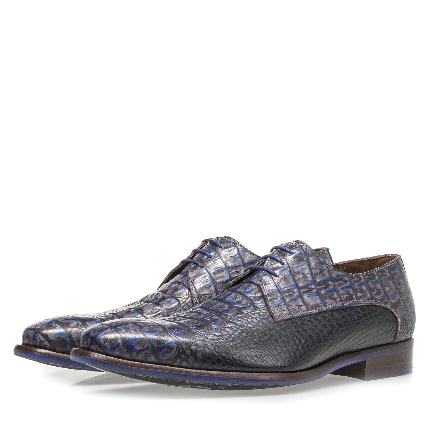 18159/03 - Blauer Leder-Schnürschuh mit Krokoprint 18159/03 - Blauer Leder-Schnürschuh mit Krokoprint