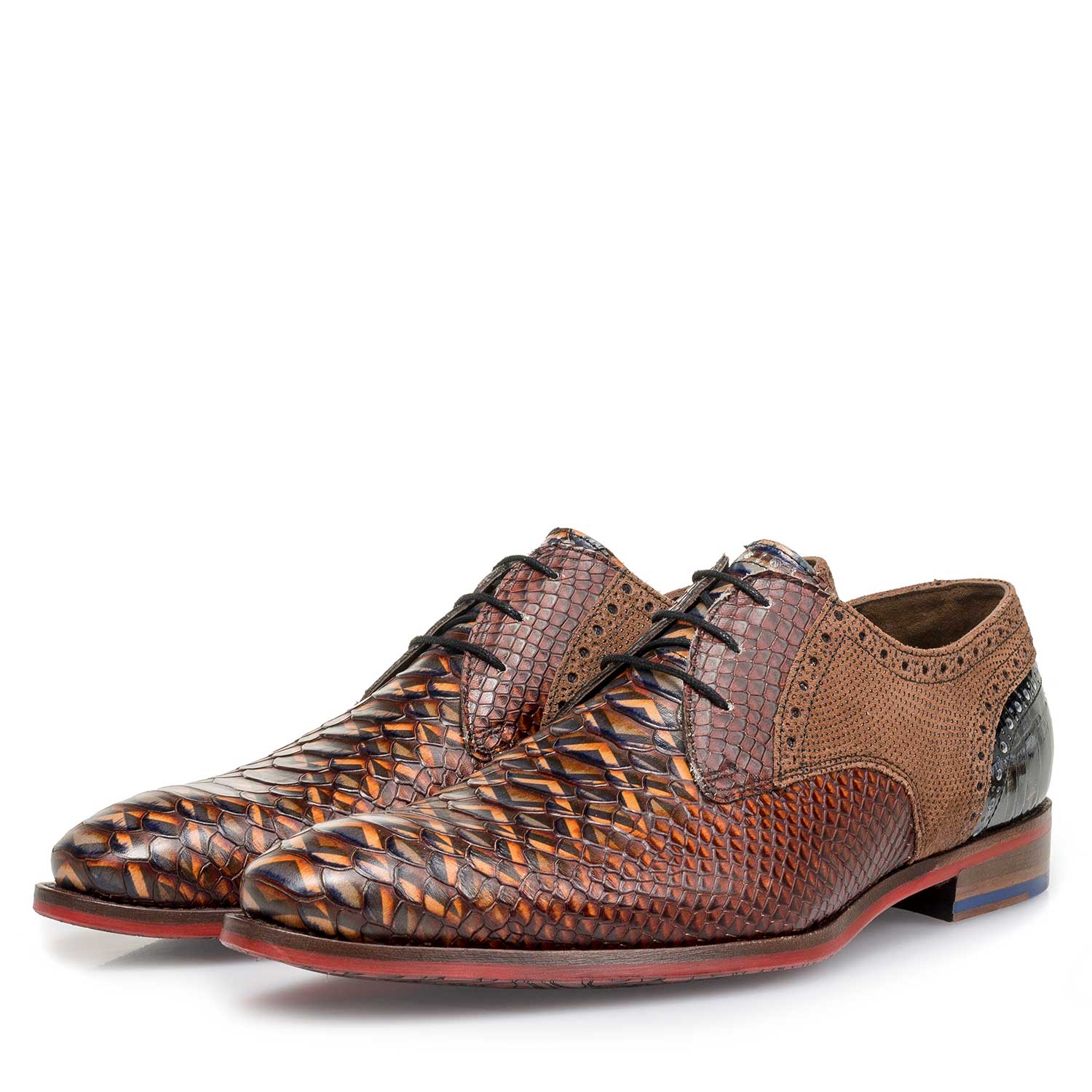 18106/02 - Cognacfarbener Leder-Schnürschuh mit Schlangenprint 18106/02 - Cognacfarbener Leder-Schnürschuh mit Schlangenprint