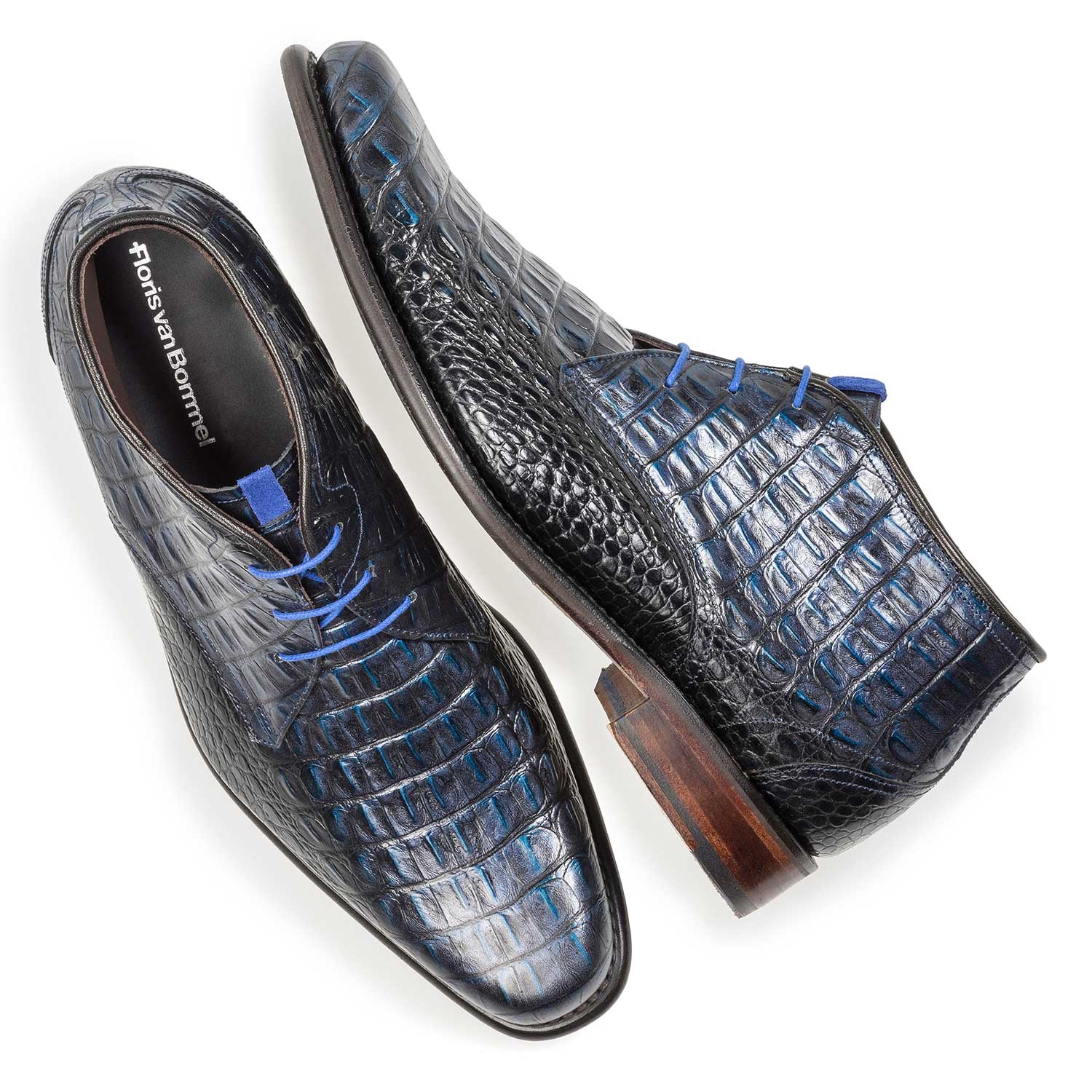 10634/07 - Blauer Leder-Schnürstiefel mit Krokoprint 10634/07 - Blauer Leder-Schnürstiefel mit Krokoprint