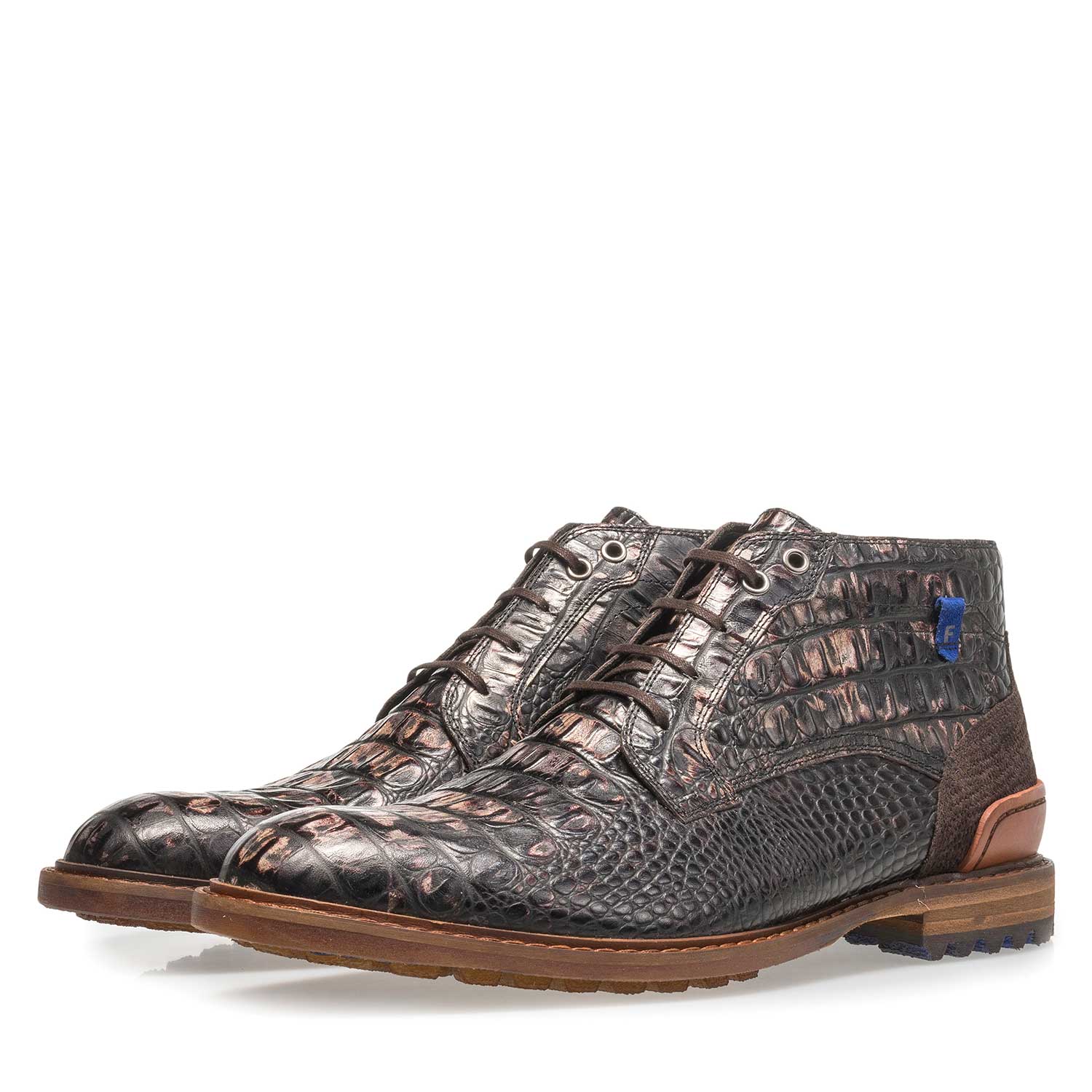 20228/22 - Dunkelbrauner Leder-Schnürstiefel mit Krokoprint 20228/22 - Dunkelbrauner Leder-Schnürstiefel mit Krokoprint
